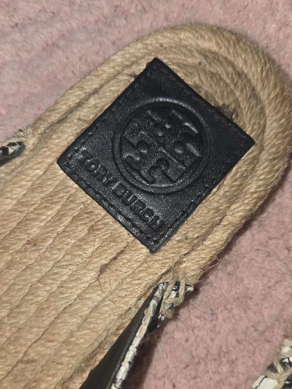 Tory Burch Leather Woven Snake-Print Espadrille Slip-On in Black & White - 7.5M